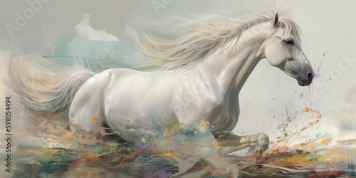 A majestic white horse with a flowing mane  galloping through a field of suspended paintbrushes against a stark background  concept of Movement  created with Generative AI technology Generative AI