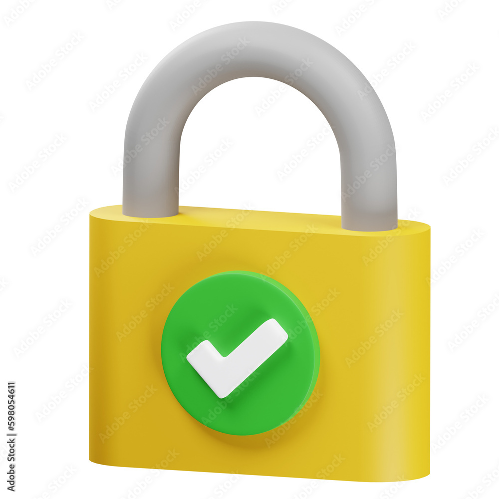 3D rendering Yellow locked padlock icon with white check symbol 3D rendering Yellow locked padlock icon with white check symbol