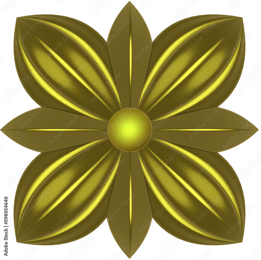 3D illustration render golden abstract flower design element on transparent background 3D illustration render golden abstract flower design element on transparent background