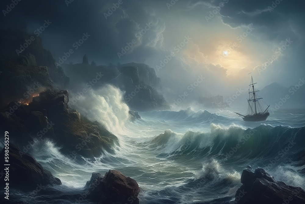 Shipwreck of an ancient wooden masted ship in a storm, in the style of oil painting, Generated by Ai