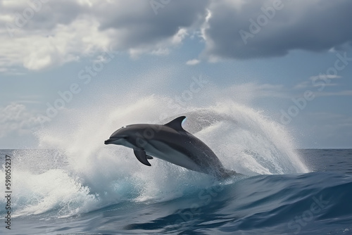 Dolphins play near the shore jumping out of the water with splashes of water and sand  Generated by Ai