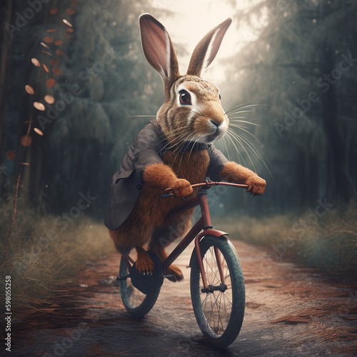 A hare rides a bicycle on a forest path, completely generated by Ai