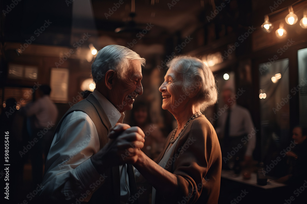 A couple of elderly people dancing in a cafe and gently looking at each other, completely generated by Ai