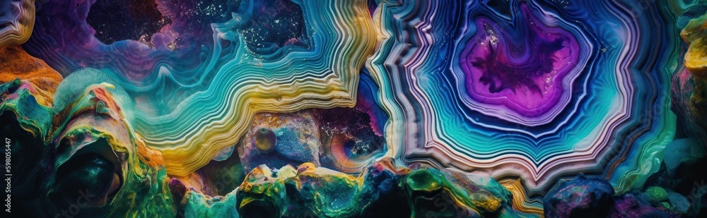 A detailed image of a geode interior, with stunning, crystal-like formations in vivid colors, concept of Geological formation, created with Generative AI technology Generative AI A detailed image of a geode interior, with stunning, crystal-like formations in vivid colors, concept of Geological formation, created with Generative AI technology Generative AI