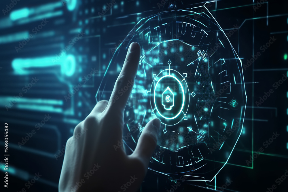 Cybersecurity technologies of the future, privacy and data storage protection. Document management system with password and encryption. Touching the lock icon on the electronic circuit with your finge Cybersecurity technologies of the future, privacy and data storage protection. Document management system with password and encryption. Touching the lock icon on the electronic circuit with your finge
