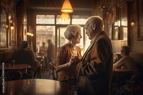 A couple of elderly people dancing in a cafe and gently looking at each other  completely generated by Ai