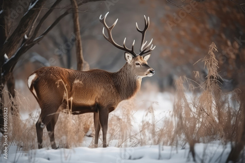 Noble deer male in winter snow forest. Artistic winter christmas landscape  generative AI