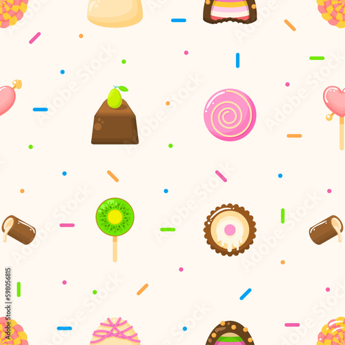 Seamless Pattern Abstract Elements Different Sweets Food Lollipops Candy Vector Design Style Background Illustration Texture For Prints Textiles, Clothing, Gift Wrap, Wallpaper, Pastel