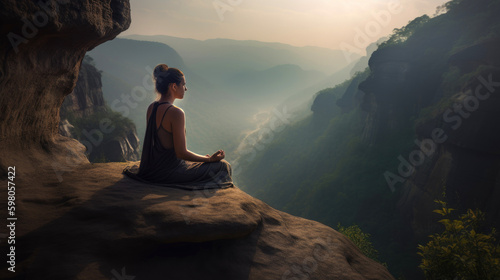 Woman meditating in the mountains. Generative AI