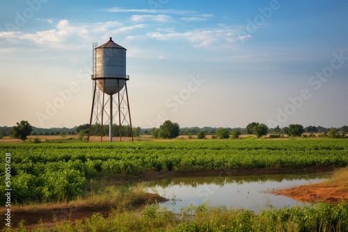 A water tower overlooking a field of crops