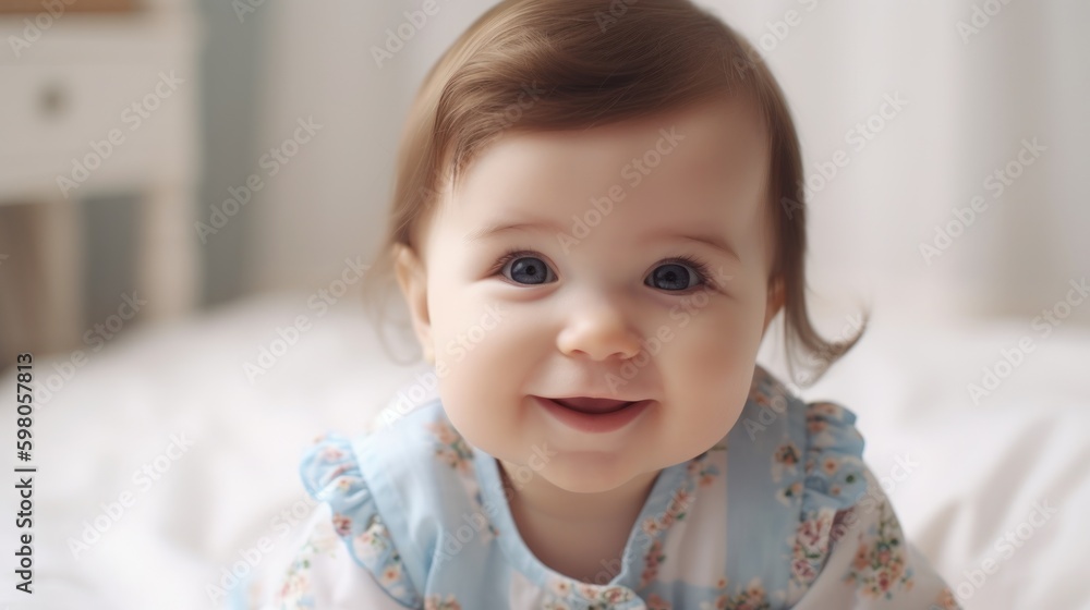 Beautiful baby smilling in light background. Generative AI
