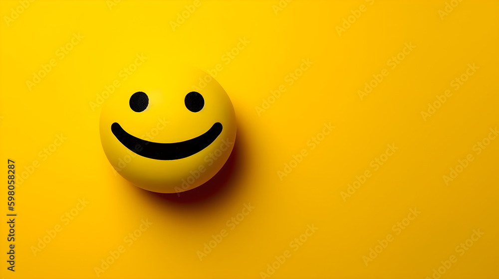 Smiley face ball on yellow backdrop with copy space.
