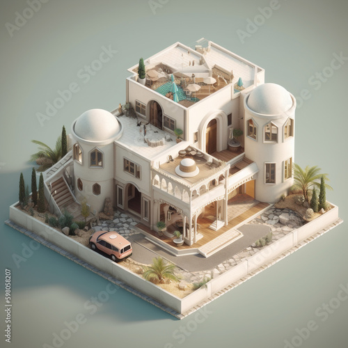 Isometric illustration of a bunglow house based on Arabic and Greece architecture. Flat roof and lots of open space. Decorated with an interesting interior and landscape.