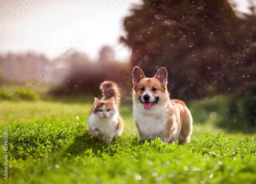 Furry Friends Red Cat and Corgi Dog Walking In a Summer Meadow Under The Drops Of Warm Rain