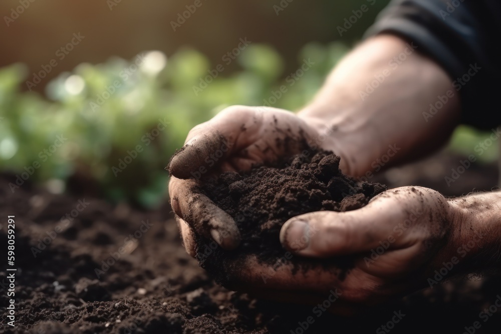 Close up of male hands planting seedlings in fertile soil. Gardening concept. Generative AI