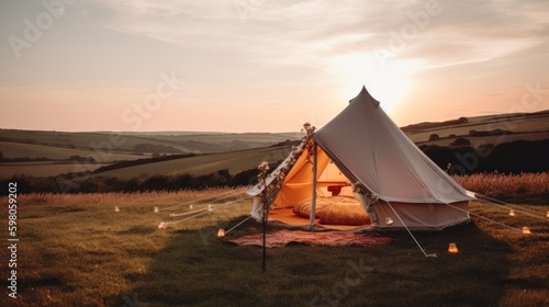 Camping tent on a meadow in the countryside at sunset. Generative AI
