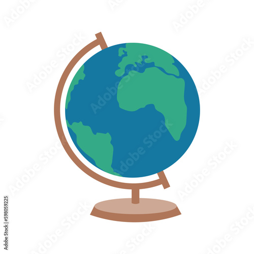 Desktop globe illustration. School supply flat design. Office element - stationery and school supply. Back to school. Globe icon for geography lesson, world map. Planet Earth and the environment.