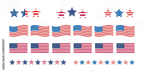 Independence Day United States stars and dividers. USA flag illustration, decorations - border lines. Memorial Day, traditional patriotic US icons for American national holiday. Veterans day USA set.