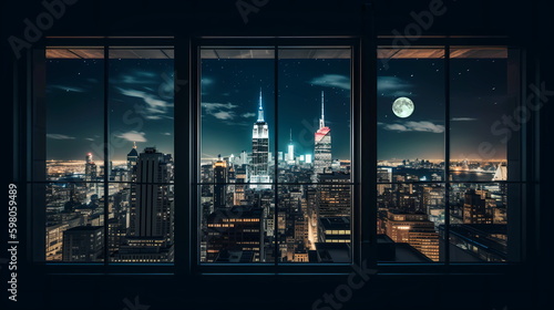  New York city panorama at night view from windows blurred light usa urban generated ai