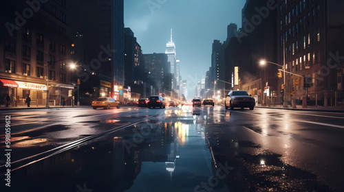  rainy night street car traffic blurred light urban scene,New York city panorama at night view from windows blurred light usa urban,generated ai