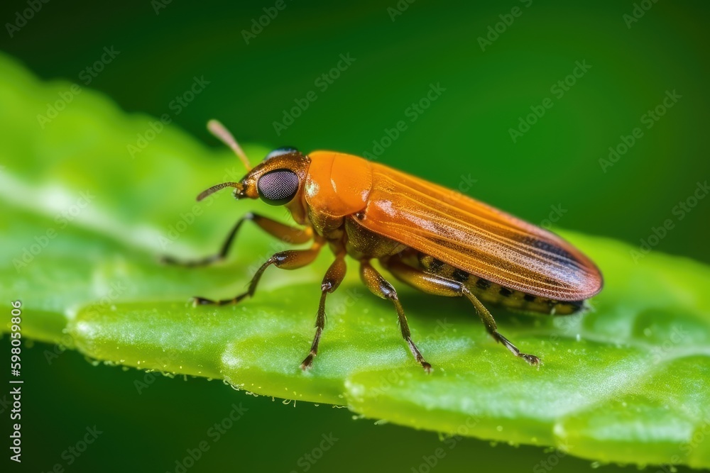 macro view of an insect crawling on a green leaf. Generative AI Generative AI macro view of an insect crawling on a green leaf. Generative AI Generative AI