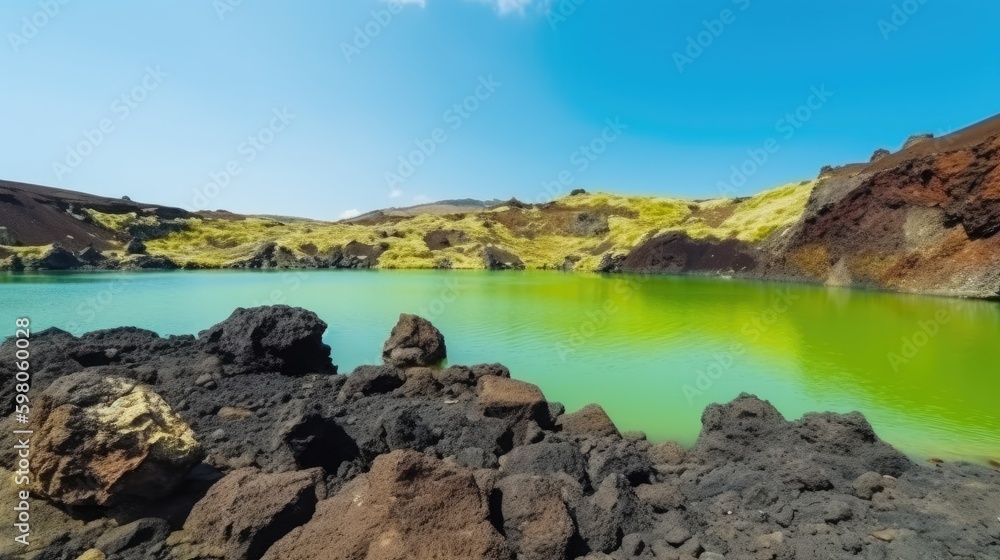 Landscape with vibrant green lake, colorful rocks and black volcanic sand. Travel background. Nature background. Outdoor landscape.