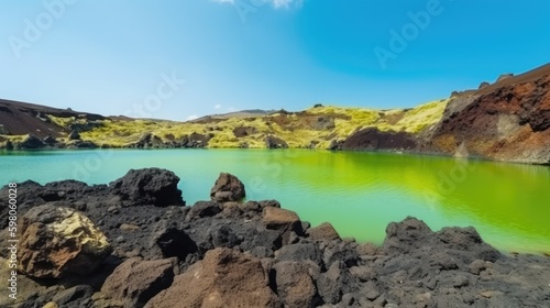 Landscape with vibrant green lake  colorful rocks and black volcanic sand. Travel background. Nature background. Outdoor landscape.