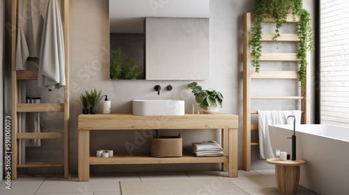 Minimalist bathroom with a white sink, a simple wooden vanity, and a large mirror on the wall.  generative ai © Neo