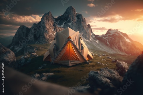 Tent camping on top of a mountain at sunset, AI generated © Nattawat