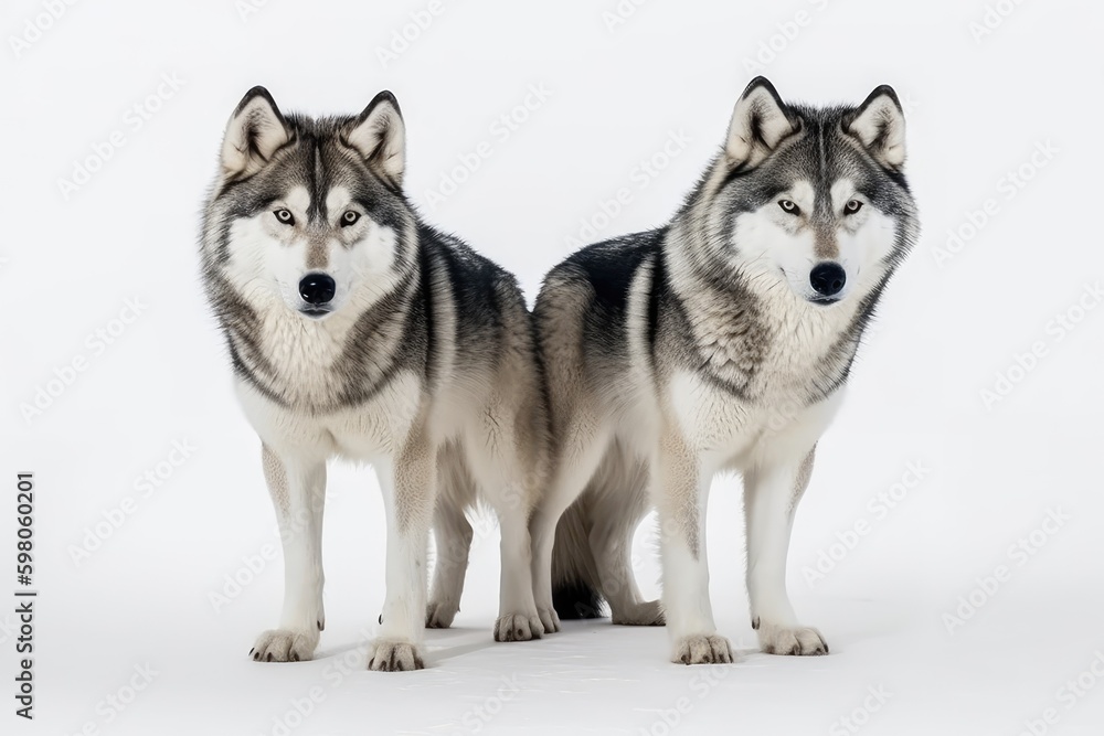 two husky dogs standing side by side in a snowy landscape. Generative AI Generative AI