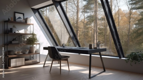 Minimalist home office with a sleek white desk  a comfortable black chair  and a large window overlooking a green garden. generative ai
