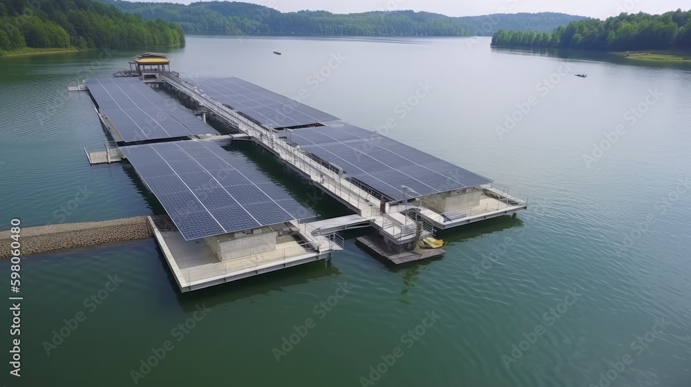 Renewables - Close up Floating Solar Energy Power On Hydropower Dam, Aerial. generative ai
