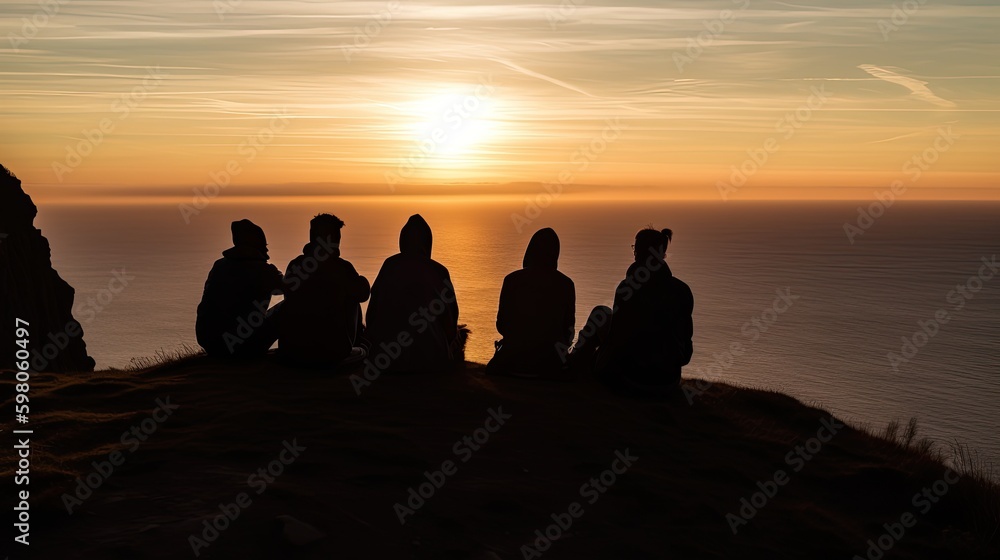 Silhouettes from a group of friends meeting in the cliffs to watch sun going down. generative ai