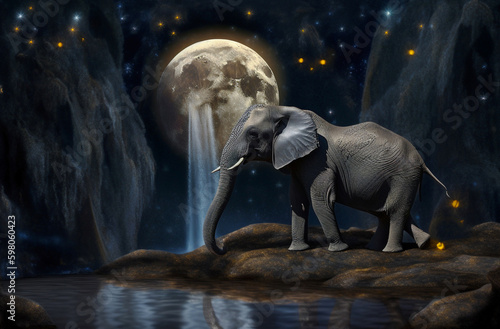 Black elephant near waterfall in night with moon. Generative AI