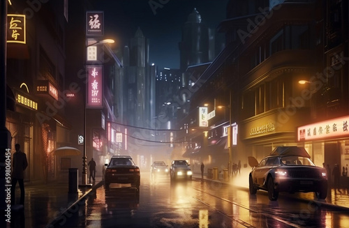 Rainy asian night city street in cyberpunk style. Generative AI