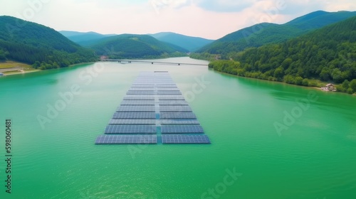 Renewables - Close up Floating Solar Energy Power On Hydropower Dam, Aerial. generative ai © Neo