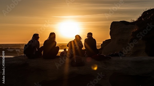 Silhouettes from a group of friends meeting in the cliffs to watch sun going down. generative ai