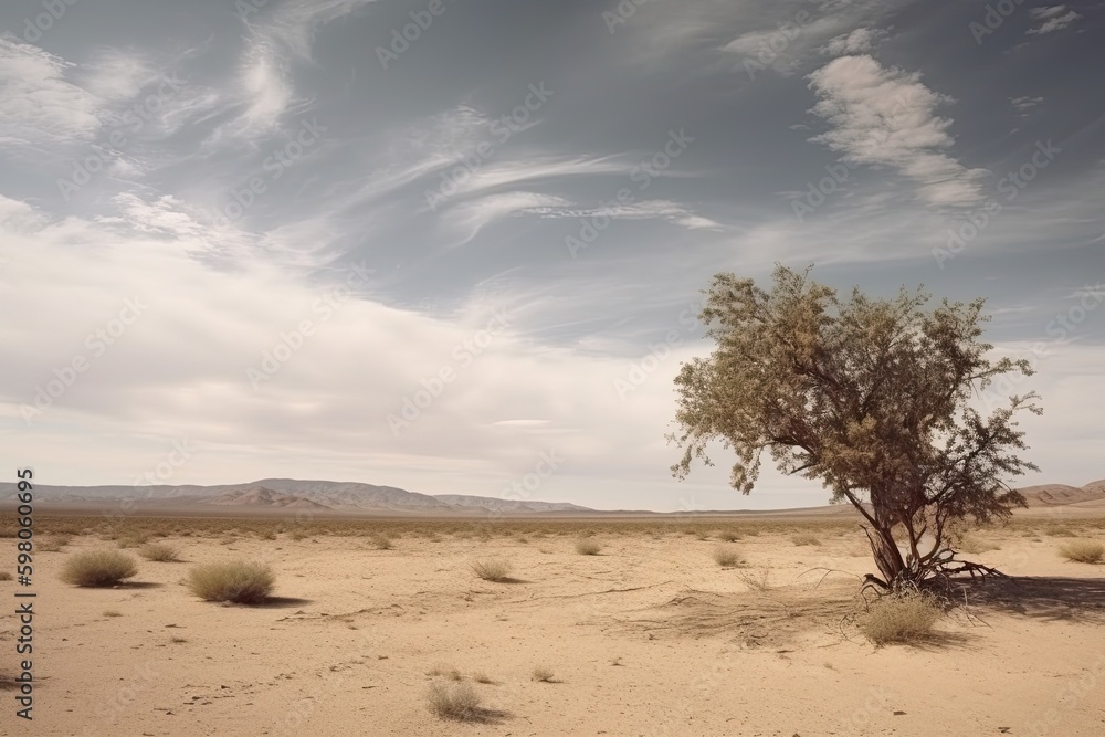 Gradually withering, expansive single tree grappling with harsh arid environment. Generative AI Gradually withering, expansive single tree grappling with harsh arid environment. Generative AI