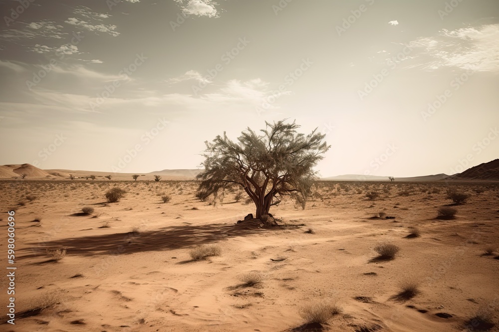 Gradually withering, expansive single tree grappling with harsh arid environment. Generative AI