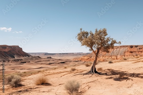 Gradually withering  expansive single tree grappling with harsh arid environment. Generative AI