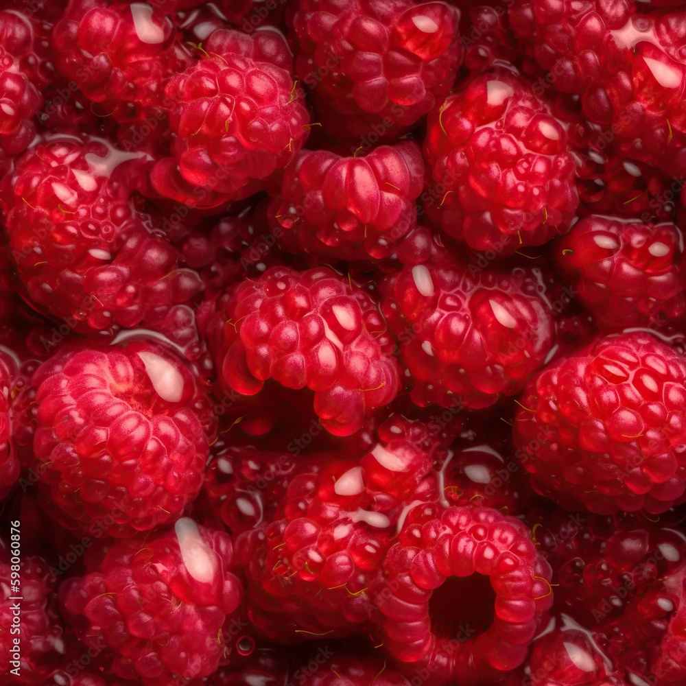 Beautiful and delicious ripe raspberry seamless pattern. Red juicy berries endless texture. Summer vitamin food background. Generated with AI. Beautiful and delicious ripe raspberry seamless pattern. Red juicy berries endless texture. Summer vitamin food background. Generated with AI.