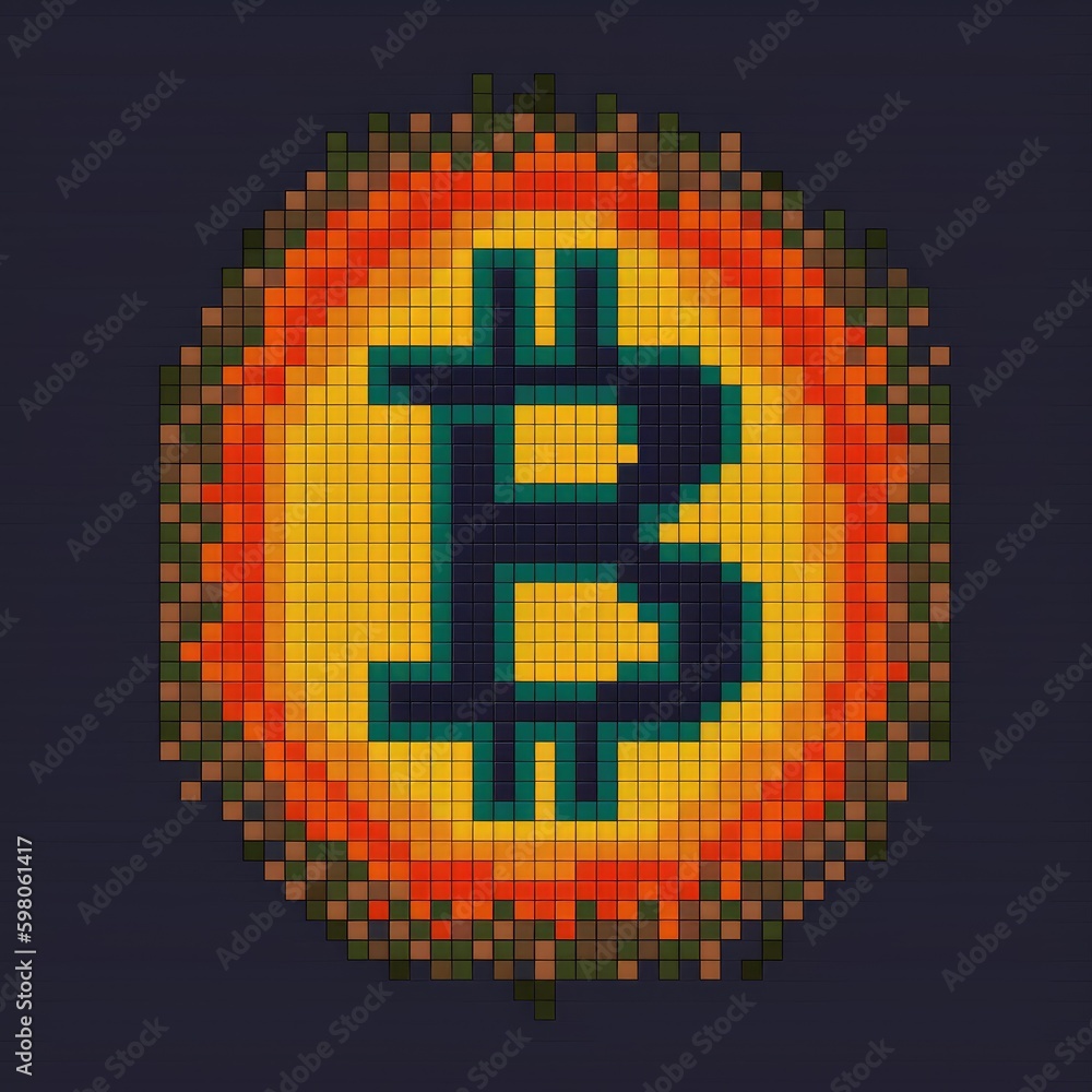 Obraz premium pixel art, bitcoin symbol, style of bitcoin, 24x24 pixel, 8 - colour - depth. generative ai