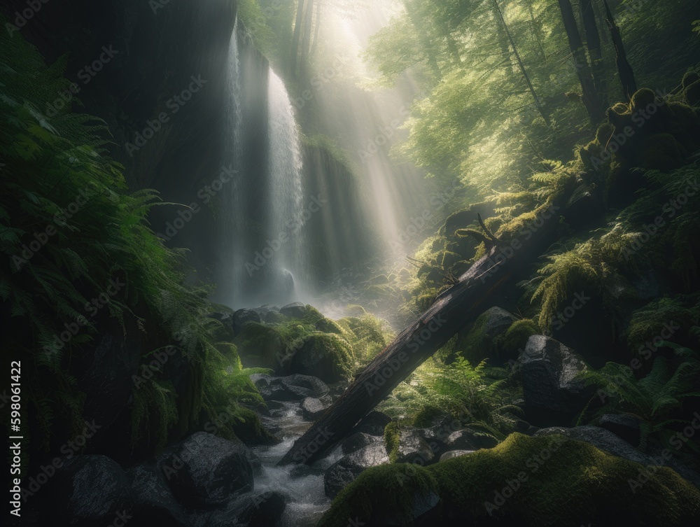 Majestic Waterfall in Enchanting Forest: A Captivating Scene Majestic Waterfall in Enchanting Forest: A Captivating Scene