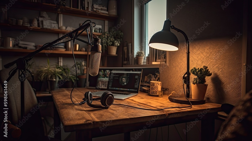 Podcast side hustle, a cozy home recording studio with a stylish microphone, laptop, headphones, and soundproof walls, warm lighting from a desk lampgenerative ai
