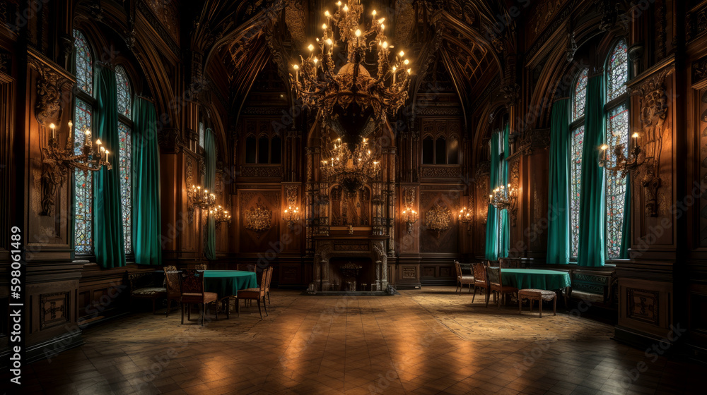 Gothic, interior of a large dark ballroom, generative AI