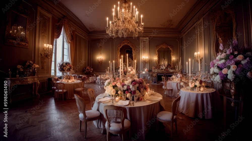 Baroque, large luxury banquet room with many tables and floral decoration, generative AI