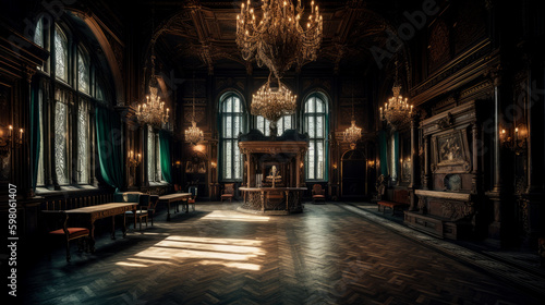 Gothic  interior of a large dark ballroom  generative AI