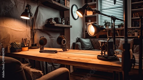 Podcast side hustle, a cozy home recording studio with a stylish microphone, laptop, headphones, and soundproof walls, warm lighting from a desk lampgenerative ai © andrenascimento