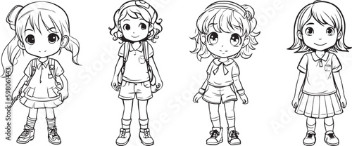 coloring book for kids, innocent school girl standing vector character, black and white, 100% editable colorable