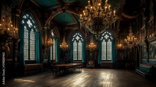 Gothic  interior of a large dark ballroom  generative AI